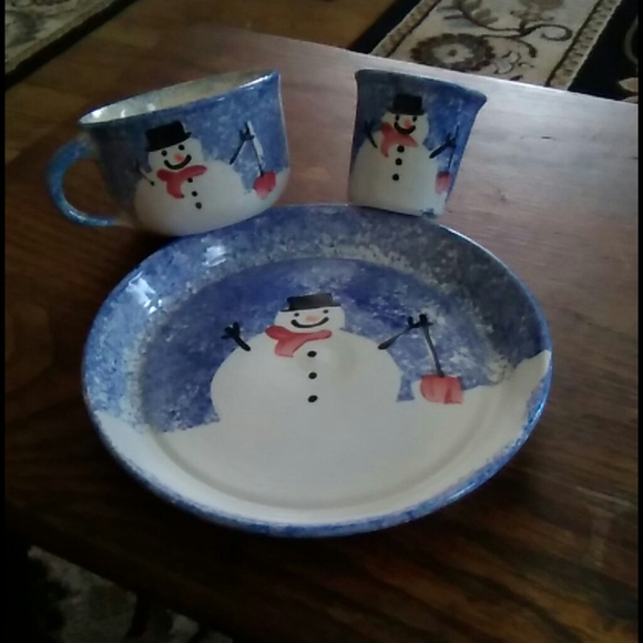 pickes pottery Other - Trio of snowman pottery dishes
